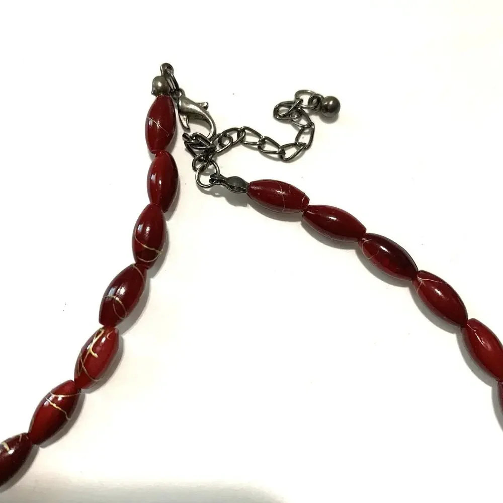 Vintage Acrylic Red Bead Necklace Deep Cherry Red w/ Swirls Gold Accents ~18